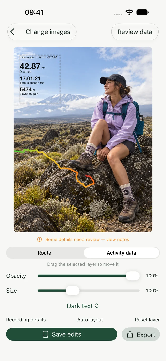 Wildfolio photo editor with separate route and activity data layers, size and opacity controls