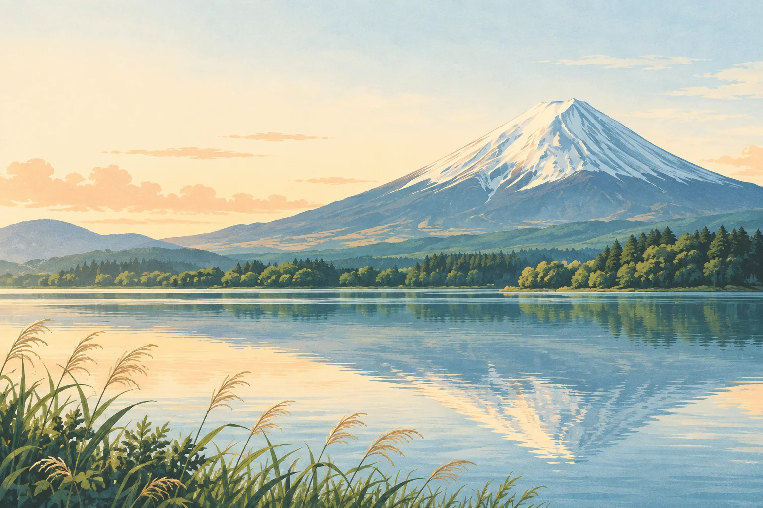 Original Wildfolio illustration of Mount Fuji above a lake and pine forest