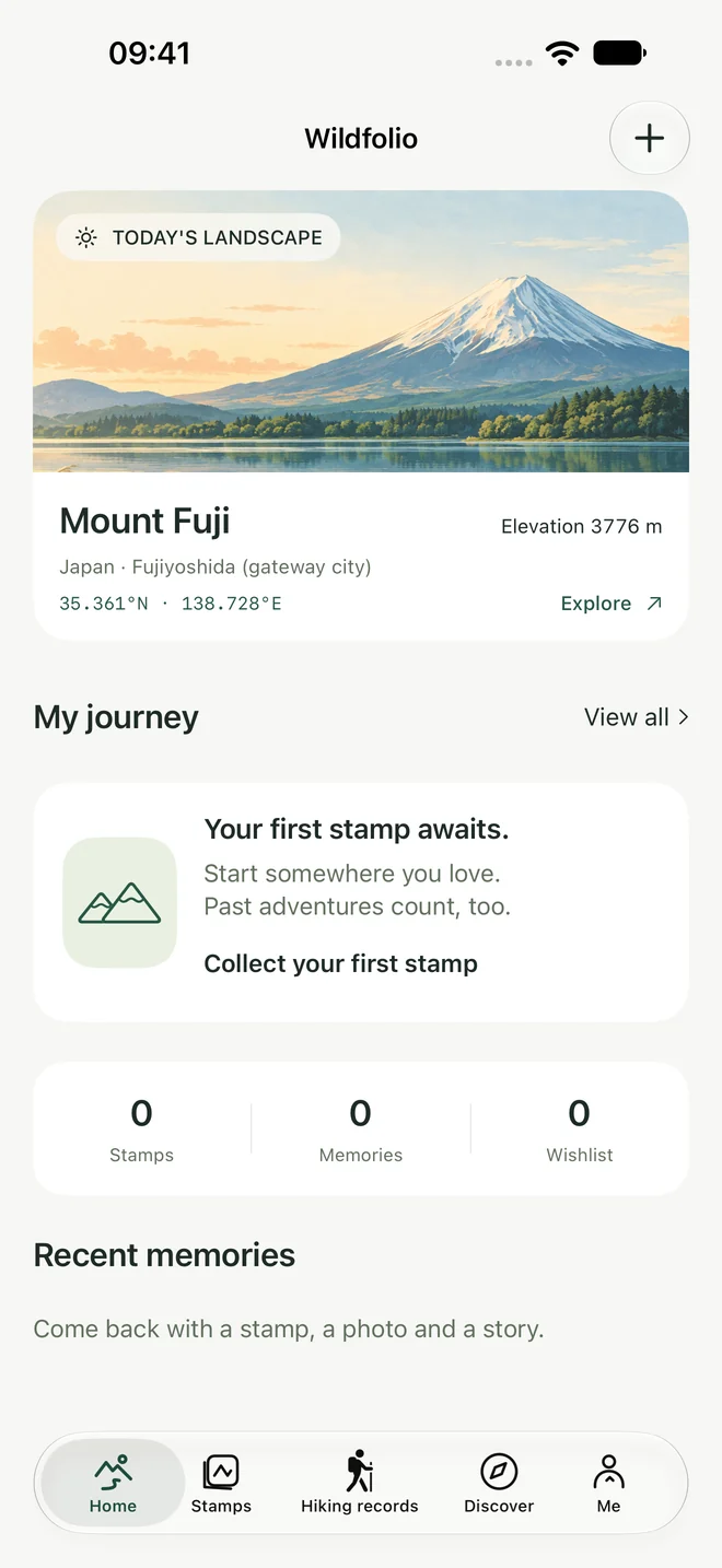 Wildfolio home screen with a daily landscape, journey totals, collected stamps and demonstration memories