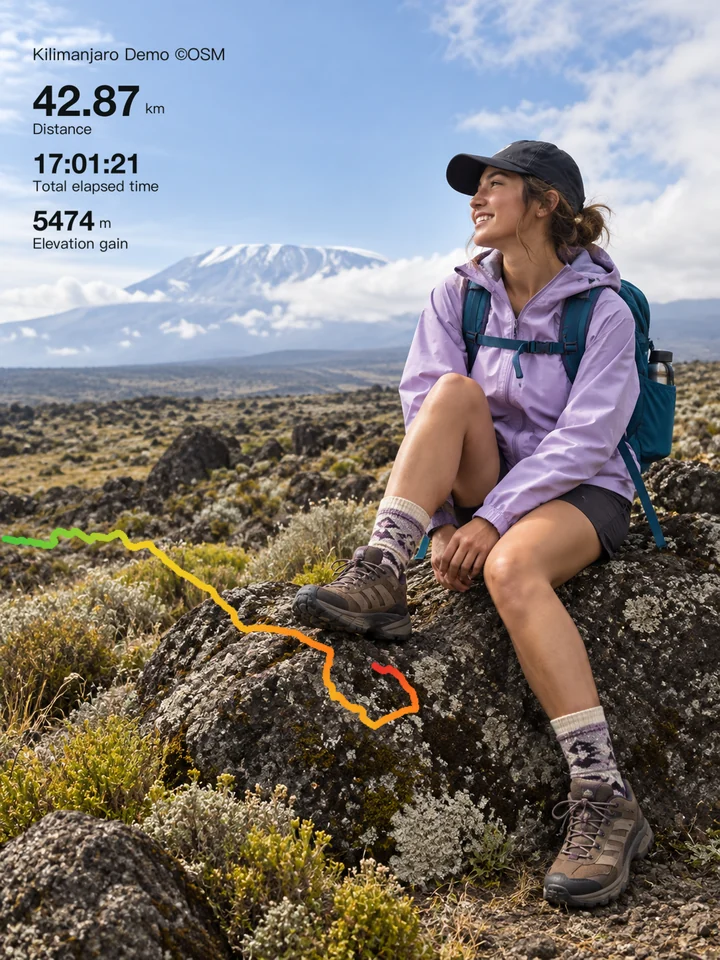 The same demonstration photo exported from Wildfolio, with a colored route and distance, elapsed time and elevation gain