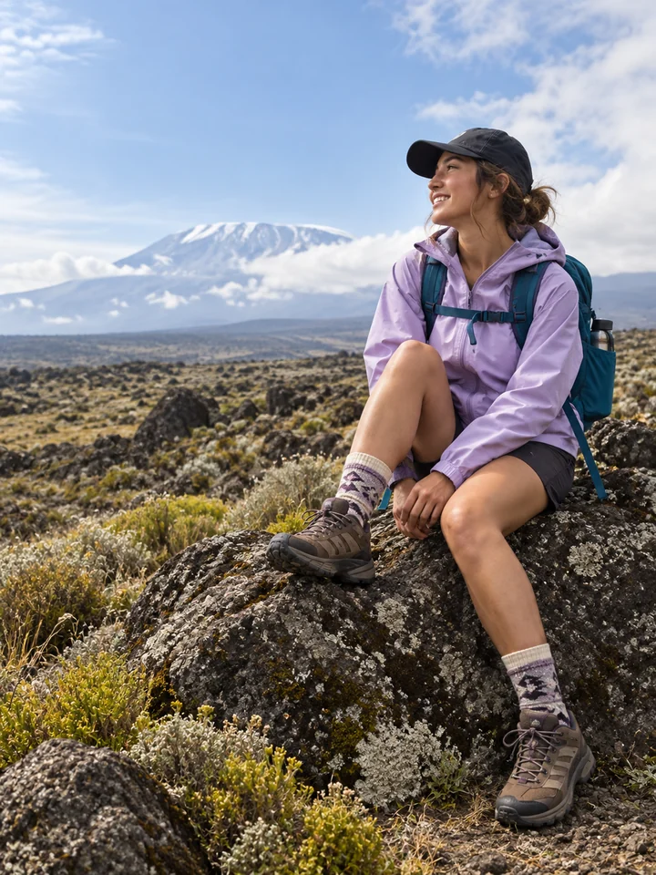 AI-generated demonstration photo of a hiker resting with Kilimanjaro in the background